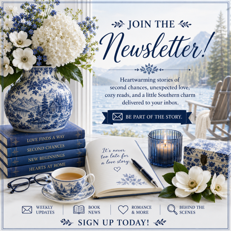 Join the Blue Willow Books newsletter to receive cozy mystery recommendations, sweet romance reads, clever puzzles, book club resources, exclusive printables, author updates, and Southern-inspired stories delivered to your inbox. Blue and white floral decor, vintage books, journals, and magnolias create a warm, inviting reading atmosphere.
