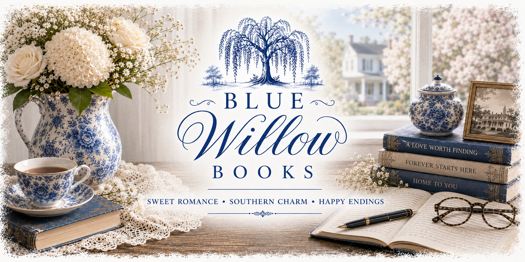 Blue Willow Books homepage banner featuring a blue willow tree logo surrounded by elegant blue-and-white porcelain, white hydrangeas, vintage books, an open journal, and a Southern farmhouse. The banner highlights Blue Willow Books, celebrating sweet romance, Southern charm, and happy endings in clean, heartwarming fiction.